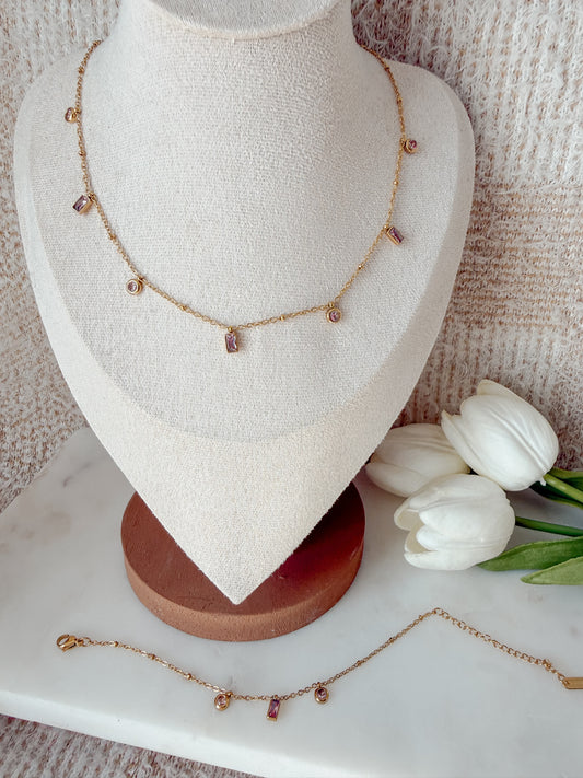 Set Gabriela Collar y pulsera oro con charms de diamantes rosa