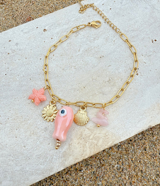 Pulsera clips con charms color coral
