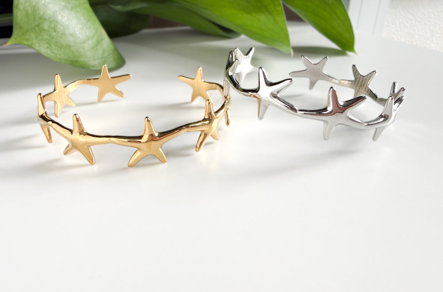 Bangle de Estrellas de Mar Ajustable de Acero Inoxidable| Pulsera Abierta