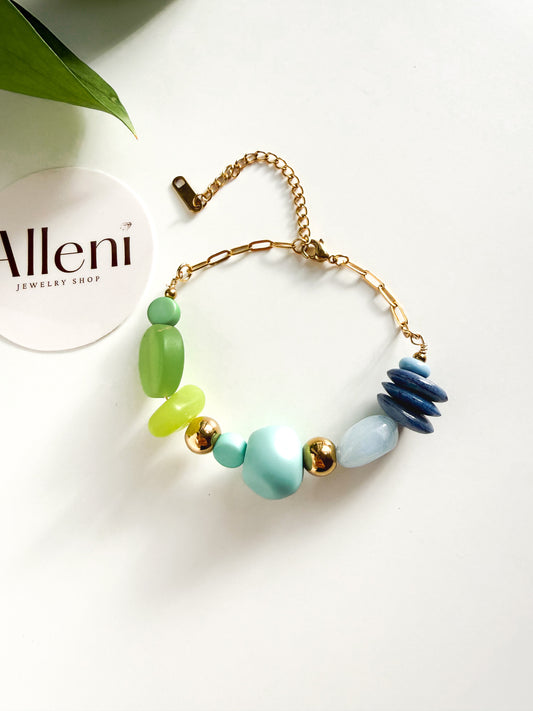 Pulsera con cuentas azules y verdes | Pulsera con cadena de acero inoxidable