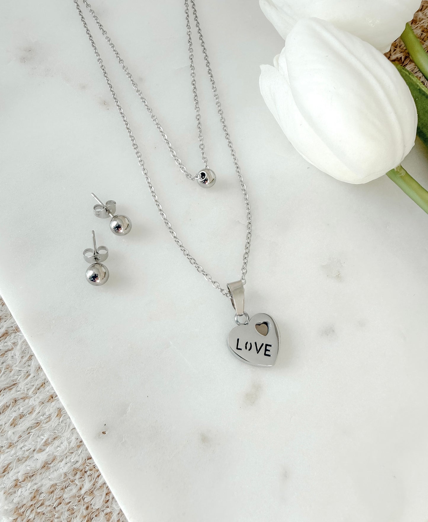 Set Deniz - Collar doble con corazón y aretes de bolita