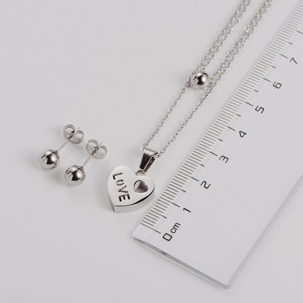 Set Deniz - Collar doble con corazón y aretes de bolita